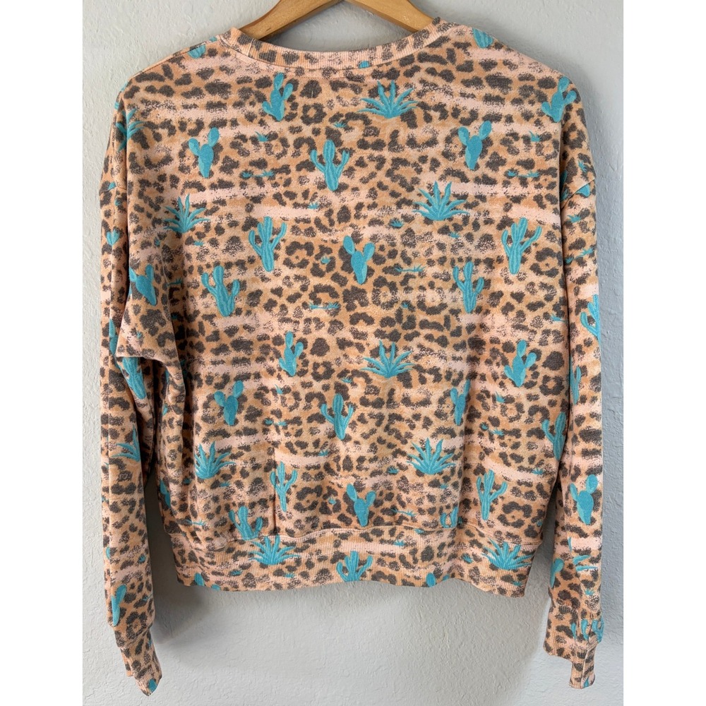NWOT Rock & Roll Denim Womens Leopard Cactus Sweatshirt M Western Boho Pullover - Picture 2 of 8